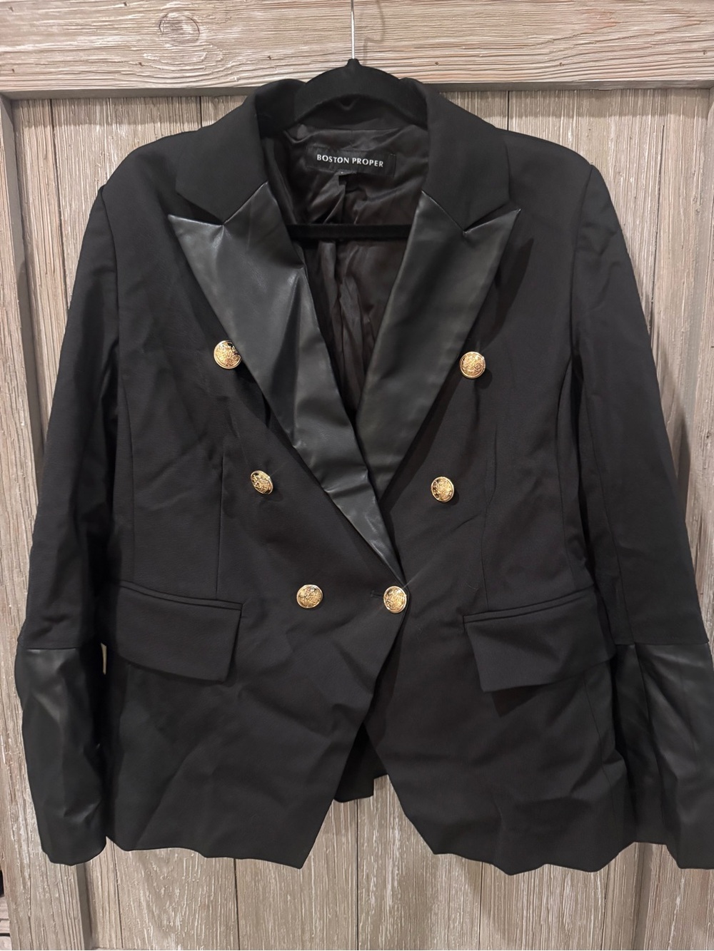 Boston Proper Black Blazer with Gold Buttons and Faux Leather Trim